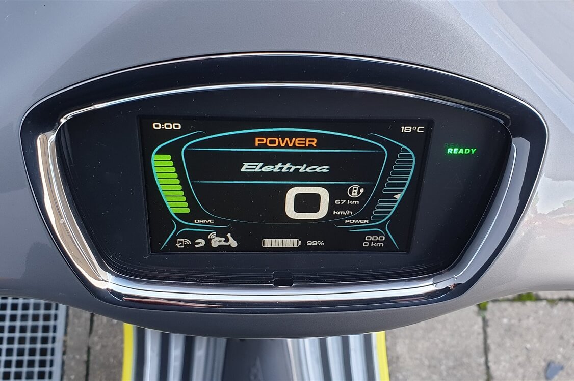 Vespa Elettrica Digital Display — It provides essential information such as speed, remaining battery level, and selected riding mode